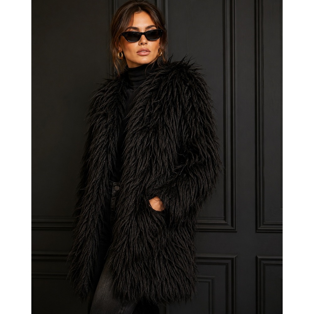 Black Shaggy Faux Fur Coat Y2K Boho Glam Long Jacket K Jordan Size L